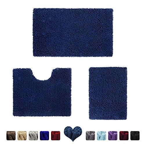 HOMEIDEAS 3 Pieces Bathroom Rugs Set Navy Blue, Luxury Soft Chenille Bath Mats Set, Absorbent Shaggy Bath Rugs & Slip Resistant Plush Bath Mats for Tub, Shower, Bathroom