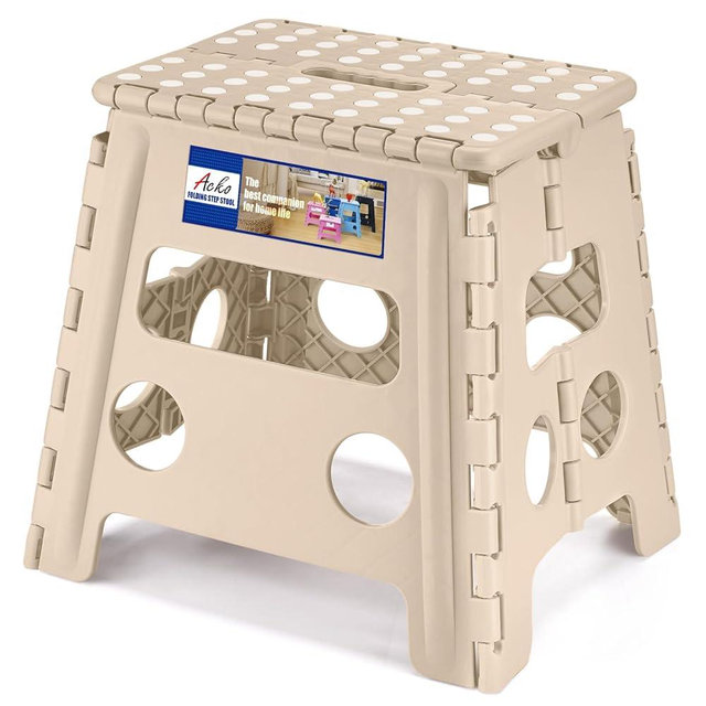 ACKO Folding Step Stool, 13 Inch Non-Slip Foldable Step Stool for Adults & Kids, Up to 300 lbs, Lightweight Collapsible Foot Stools with Carry Handle for Kitchen, Bathroom, Bedroom, Khaki