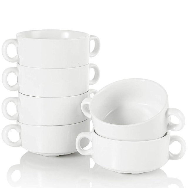 Foraineam Porcelain Bowls with Double Handles 10 Ounce White French Onion Soup Crocks Round Stackable Bowls for Soup, Cereal, Oatmeal, Set of 6