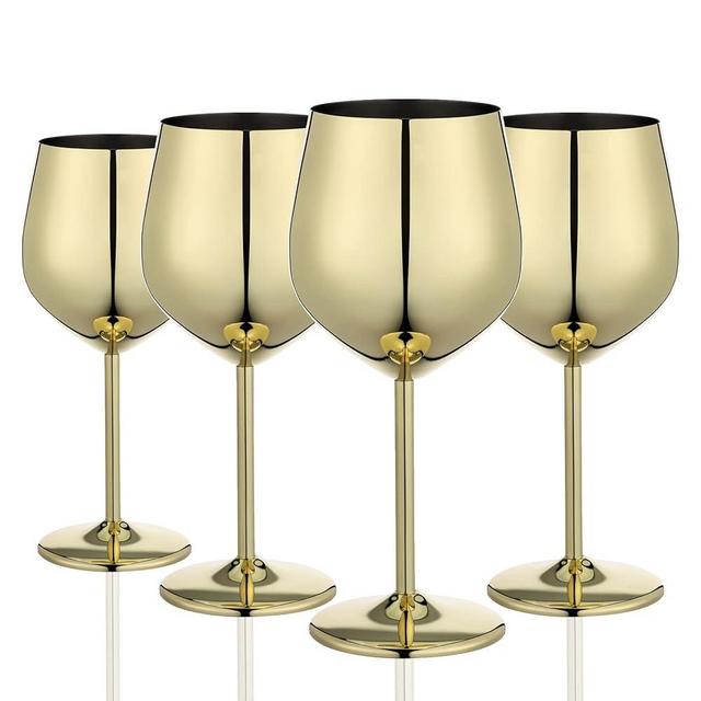 WOTOR Gold Wine Glasses Set of 4, 18oz Unbreakable Gold Goblet, Stainless Steel Wine Glass, Metal Wine Glass for Outdoor, Travel, Camping, Pool, Ideal Gift for Wine Lovers
