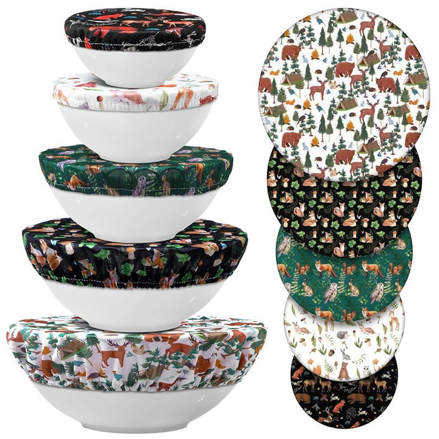 Patelai 10 Pcs Bowl Covers Reusable in 5 Size Stretch Cloth Fabric Elastic Food Storage Bowl Covers Bread Sourdough Lids for Proofing Food Fruits Leftover(Black, White, Brown, Green,Animal Style)