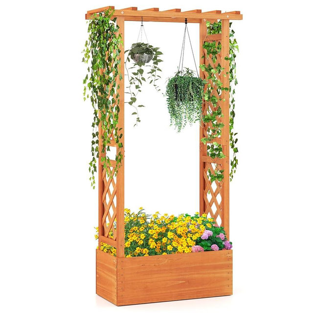 S AFSTAR Raised Garden Bed with Trellis, Wood Planter Box with Hanging Roof & Drainage Holes for Climbing Plants, Vines, Flowers & Vegetables, Indoor Outdoor Plant Container for Patio & Yard