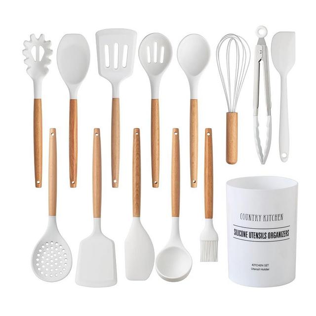 Country Kitchen Silicone Cooking Utensils, 14 Pc Kitchen Utensil Set, Easy to Clean Wooden Kitchen Utensils, Cooking Utensils for Nonstick Cookware, Kitchen Gadgets and Spatula Set