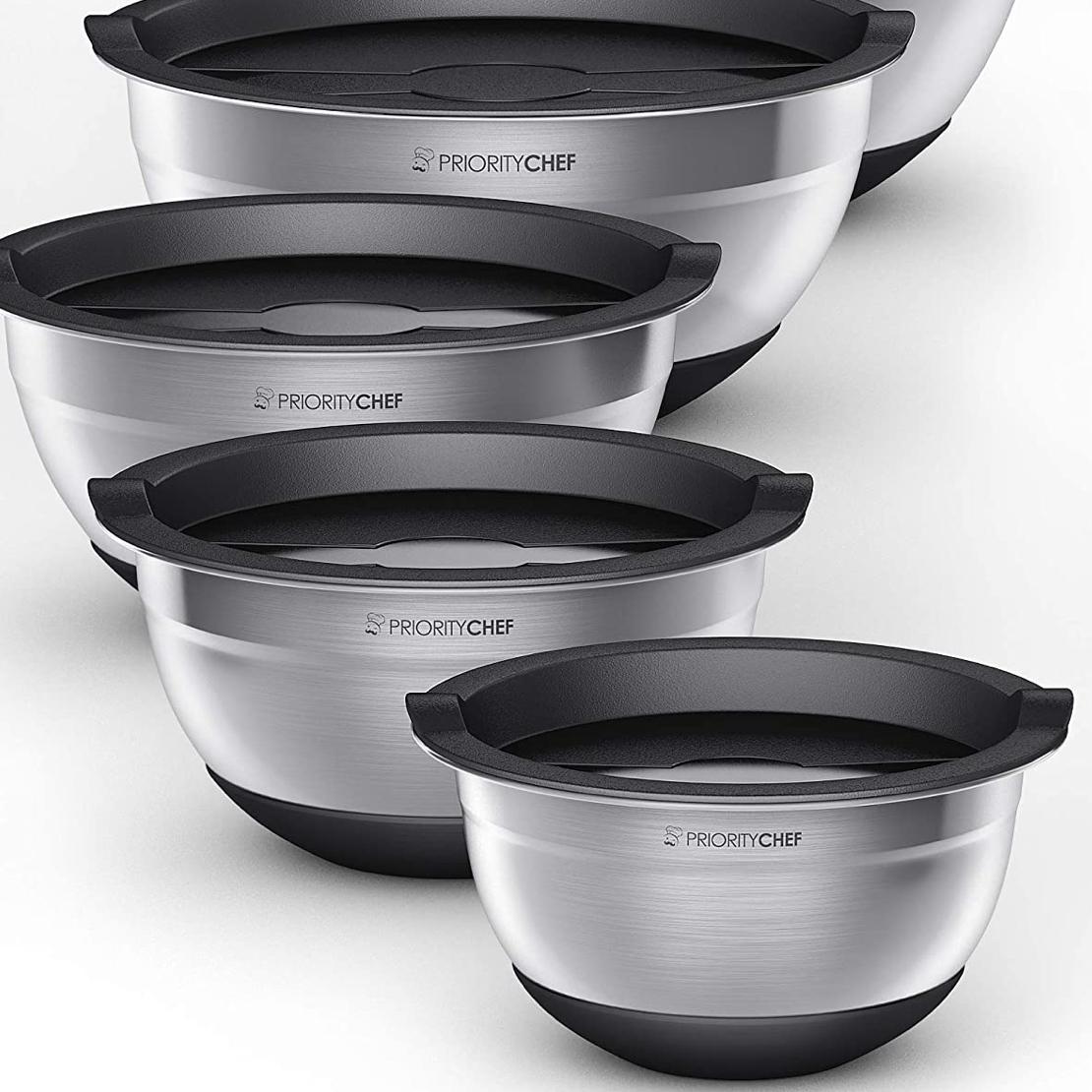 PriorityChef Stainless Steel Mixing Bowls With Lids Set of 5 - Multifunctional Stackable Measuring Bowl Set With Silicone Base - 1.2 / 1.7 / 2.2 / 3.6 / 4.7 Quart