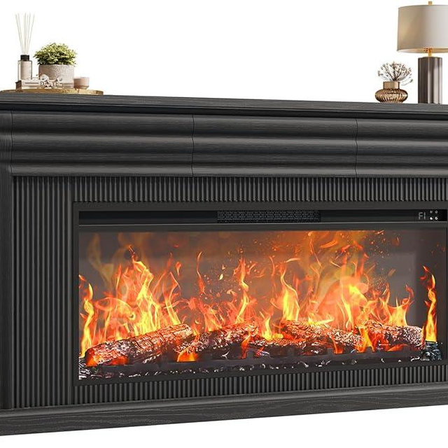 PRAISUN 70'' Fireplace TV Stand with 42'' Electric Fireplace, Farmhouse TV Stand for 65 75 Inch TV, Entertainment Center TV Console with 3 Drawers, Fluted Design, for Living Room, Black
