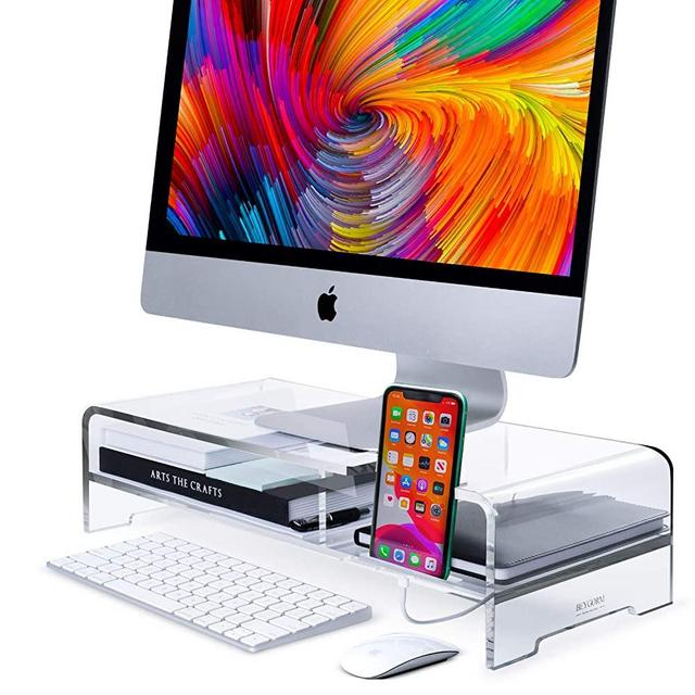 Acrylic Monitor Stand Riser, Wide 20", 2 Tier Computer Stand with Storage, Desk Organizer Desktop Printer Stand Laptop Storage Shelf Screen Holder with Phone Holder(Clear)