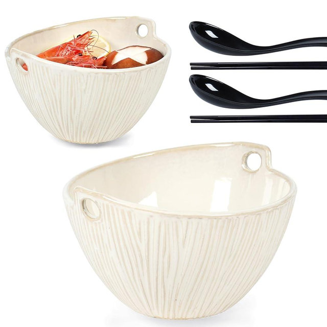STE-CER Ceramic Ramen Bowl with Chopsticks,6.7 Inch Noodle Bowls,Pho Bowls and Spoons Set,Japanese Bowl for Pho,Udon,Soba,Noodle,Microwave Safe,Set of 2 (Retro White)