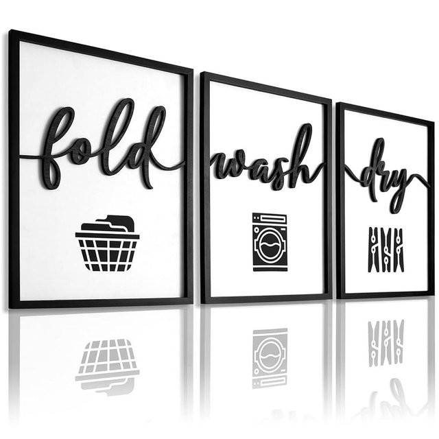 3D Wood Laundry Room Wall Decor, 36" x 16" Framed Laundry Room Wall Art, 3D Laundry Signs for Room Decor (Ready to Hang, Set of 3, Framed)