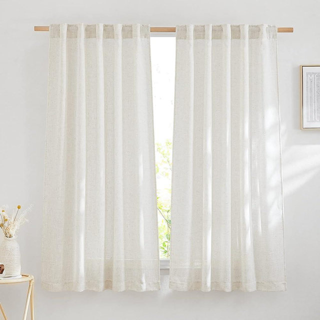 NICETOWN Bedroom Curtains Natural Linen Burlap, Rustic Rod Pocket & Back Tab Semi Sheer Flax Linen Weve Drapes Privacy with Light Filtering Window Treatmentes for Nursery, W42 x L63, Set of 2
