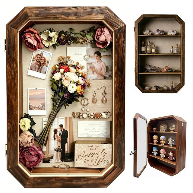AMZWKT Shadow Box Frame, 10x16 Carbonized Brown Display Case with Linen Back & Detachable Shelves for Wedding Bouquet, Photos, Medals, Collectibles, Souvenirs & Home Wall Decor
