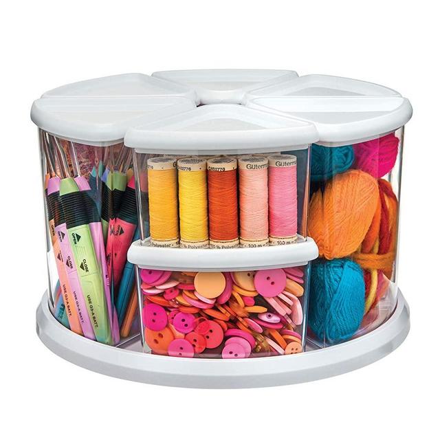Deflecto Rotating Carousel Craft Storage Organizer, 9-Canister Configuration Includes 3" and 6" Canisters, Removable, Clear, White Lids (3901CR)