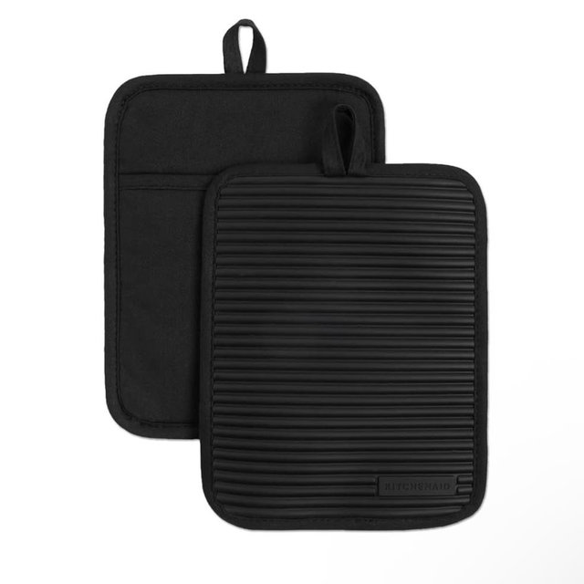 KITCHENAID Ribbed Soft Silicone Pot Holder 2-Pack Set, Matte Black, 7"x9"