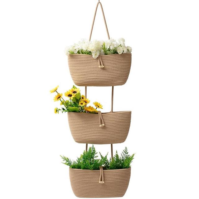 TeoKJ 3-Tier Cotton Rope Baskets with Button Strap Over the Door Wall Hanging Baskets for Nursery, Living Room, Bathroom, Door Storage Organizer for Decoration-Jute