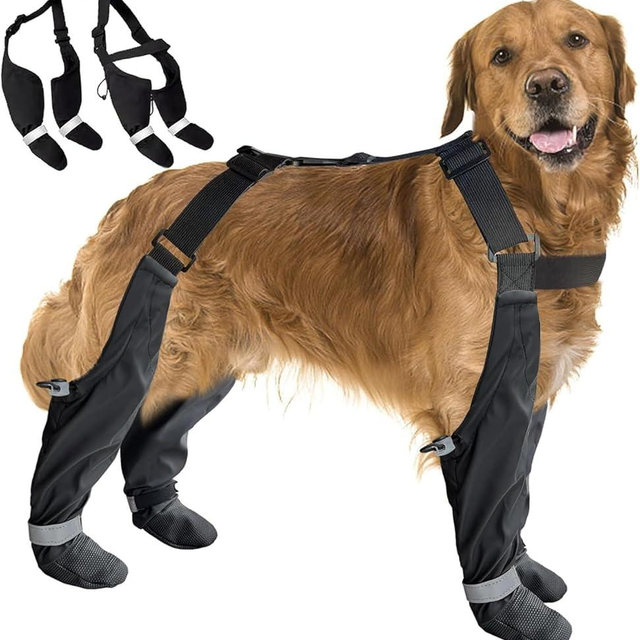 Dog Suspender Boots, Large Dog Rain Boots, Waterproof Doggy Winter Boot Snow Pants, Paw Protectors Legging Shoes with Suspenders, Anti-Slip Reflective Rain Boot for Walk Hike(L,blacke)