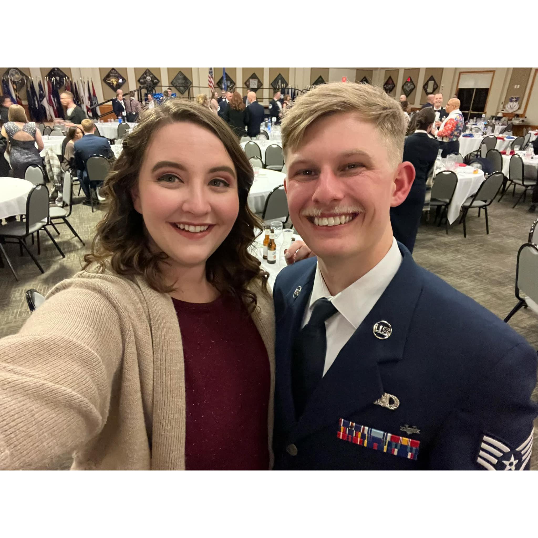 Wyatt looking sharp in his military blues, and me all dressed up for a special night.