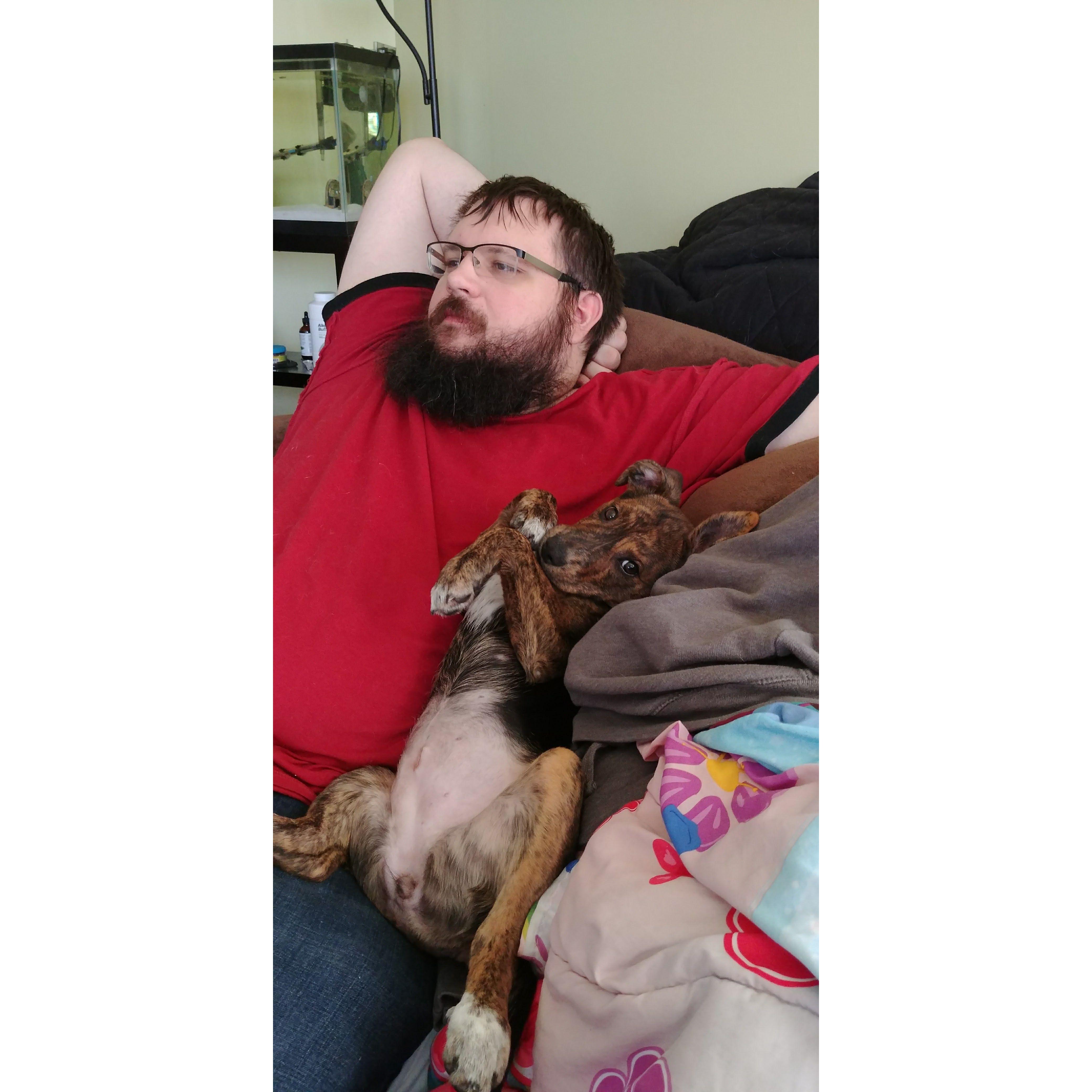 Sam relaxing with Tippy 2017