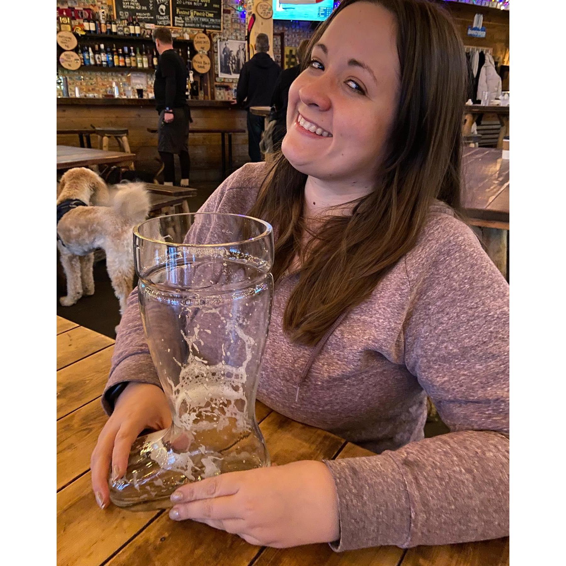 We have the worst tradition of trying to drink our full boot of birthday beer in the shortest time.