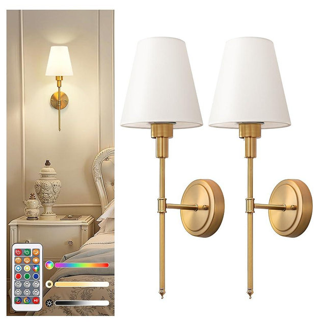 DORESshop Battery Operated Wall Sconce Set of 2, Wall Light Wireless Easy to Install, Dimmable and Adjustable Sconces Wall Decor, Rechargeable Wall Lamp for Bedroom, Living Room, Gold 20.7in