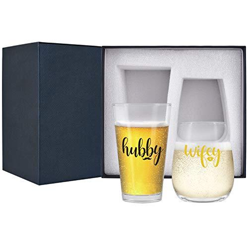 Wifey Hubby Stemless Wine Glass and Beer Glass, Couple Gifts for Couples Newlyweds Wife and Husband Mr and Mrs, Perfect Gift for Wedding Bridal Shower Engagement Party Anniversary Valentine’s Day