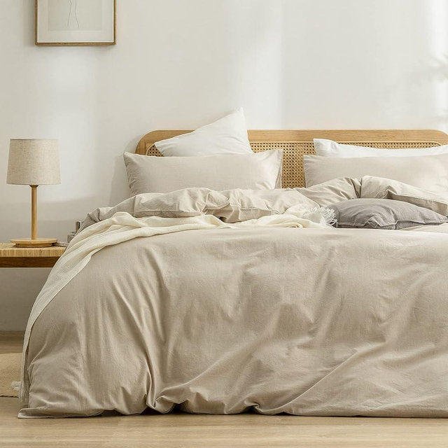 BESTOUCH Duvet Cover Set 100% Washed Cotton Linen Feel Super Soft Comfortable Chic Lightweight 3 PCs Home Bedding Set Solid Almond Milk Grey Super King