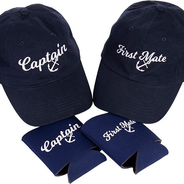 Captain Hat & First Mate | Matching Skipper Boating Baseball Caps & Beer Holders Navy