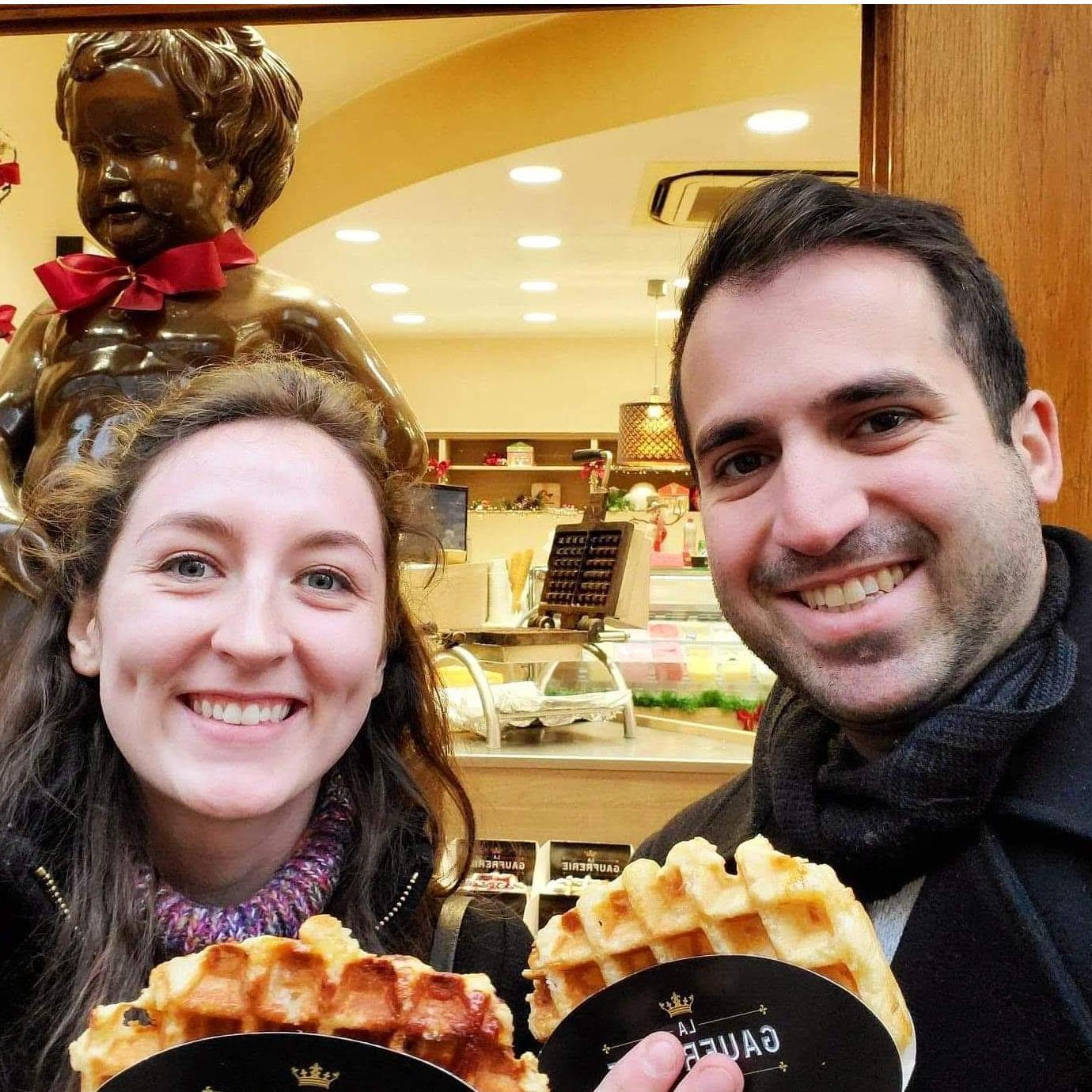 Maegan getting a full dose of Mike's childhood in Brussels, Belgium with back to back courses of fries, waffles, chocolates, and beer.