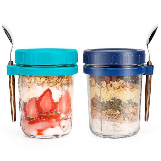 Overnight Oats Jars with Spoon and Lid 16 oz [2 Pack], Airtight Oatmeal Container with Measurement Marks, Mason Jars with Lid for Cereal On The Go Container (blue and green)