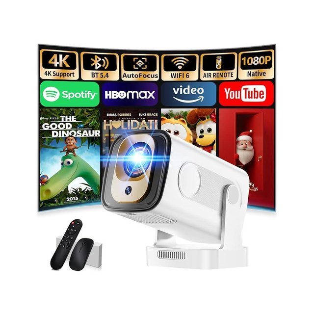Projector [Auto Focus & Native 1080P & Built-in Apps] Mini Portable Projector 1080P, 4K Full HD with WiFi 6 & Bluetooth 5.4, Auto Focus & Keystone, 270° Rotatable, Compatible with Phone/HDMI/USB,White
