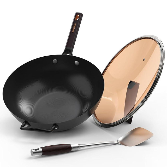 SUMEIGUAN 13.5" Carbon Steel Wok Pan - Pre-Seasoned Flat Bottom Woks & Stir-fry Pans Chinese Cookware with Lid & Spatula - For Pan-fry,Stir Fry, Steam, BBQ & Camping - Compatible with Induction, Gas