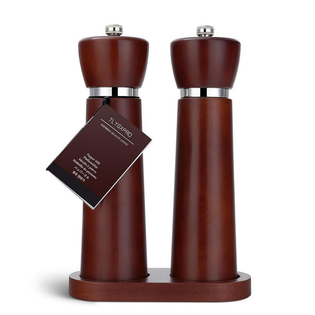 TLYSXPRO Wooden Salt and Pepper Grinder Set – Refillable Salt and Pepper Mill with Adjustable Upgraded Large Size Ceramic Burr – Manual Pepper Grinder with Beech Wood Body – 8.3” Tall (Chestnut)