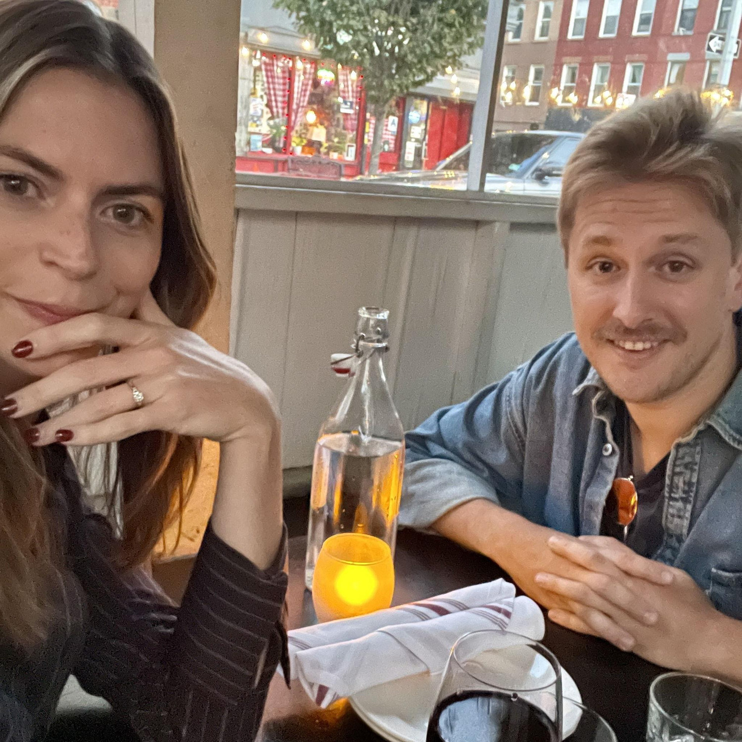 Flaunting the ring at our favorite neighborhood restaurant