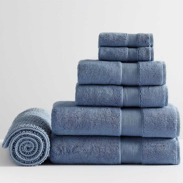 Indigo Classic Organic Washcloth Hand and Bath Towel With Bath Mat, Set of 7