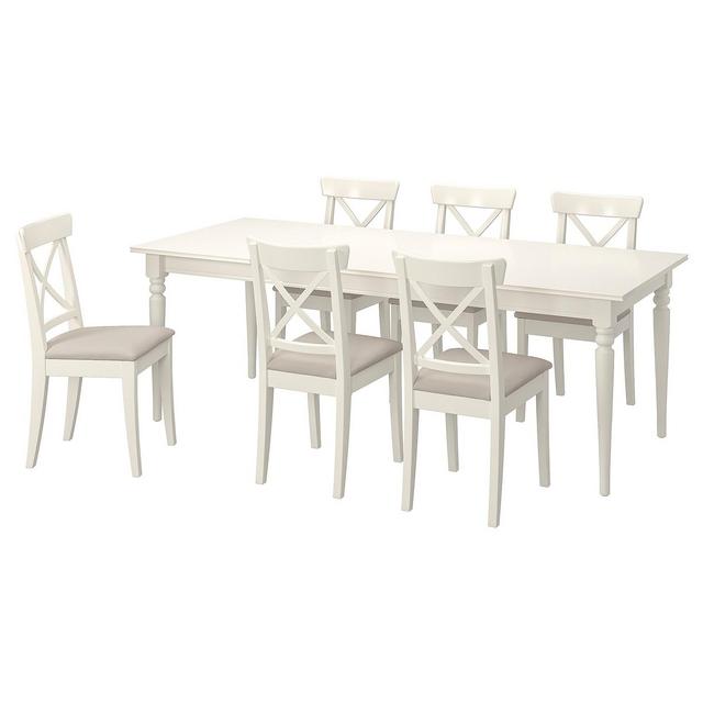 INGATORP / INGOLF Table and 6 chairs, white white/Hallarp beige, 61/84 5/8 "