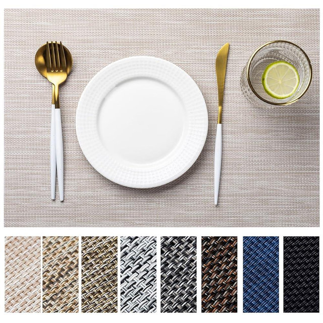 LEXMORE PlaceMats Set of 12 Vinyl/Plastic Woven Place Mats for Kitchen Table Indoor/Outdoor Washable PlaceMat Wipeable Dining Table Mats(Beige)