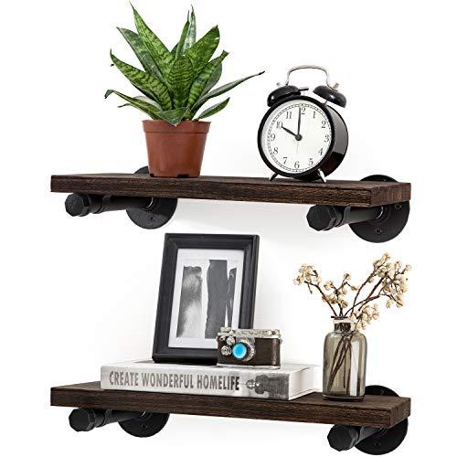 Mkono Floating Shelves with Industrial Pipe Brackets Rustic Wall Mounted Wood Shelving Storage Home Decor for Living Room Bedroom Bathroom Kitchen Office, Set of 2
