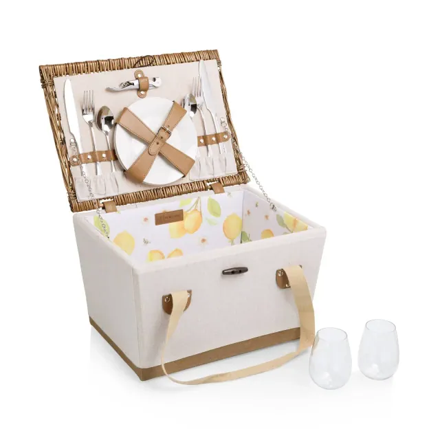 Picnic Time Lemongrove Picnic Basket for 2 Bee and Lemon White with Lemon Pattern