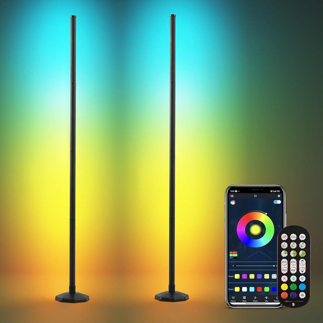 SUNMORY 2 Pack RGB LED Floor Lamp, 49" Corner Lamp with 80+ Scene & Timer, Smart Ambient Lighting with Music Sync & 16 Million Colors, Remote & App Floor Lamps for Living Room, Gaming Room, Bedrooms