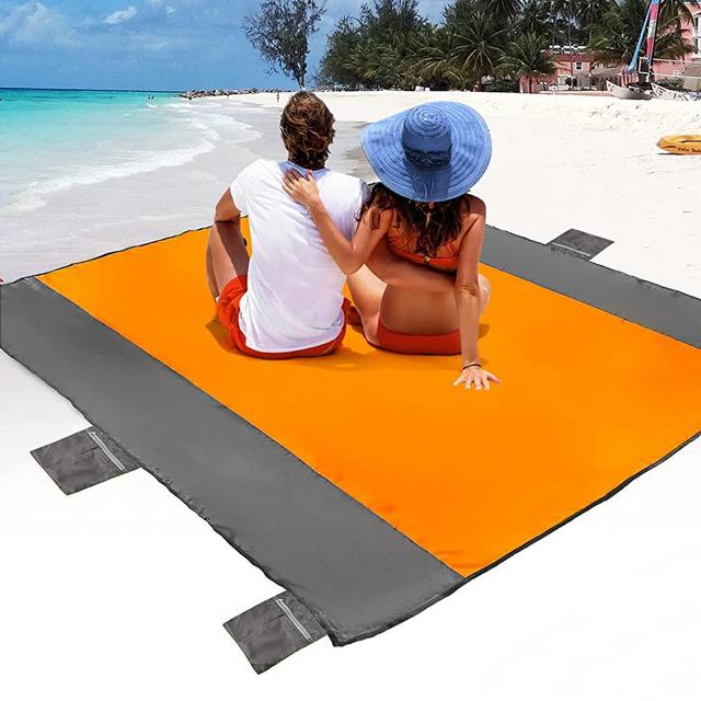 POPCHOSE Sandfree Beach Blanket, Large Sandproof Beach Mat for 4-7 Adults, Waterproof Pocket Picnic Blanket with 6 Stakes, Outdoor Blanket for Travel, Camping, Hiking