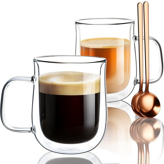 Double Walled Glass Coffee Mugs 12 OZ, Borosilicate Glass Coffee Cups Set of 2 with Spoons, Insulated Clear Coffee Mug for Hot Beverages, Cappuccino, Latte, Tea Bag.