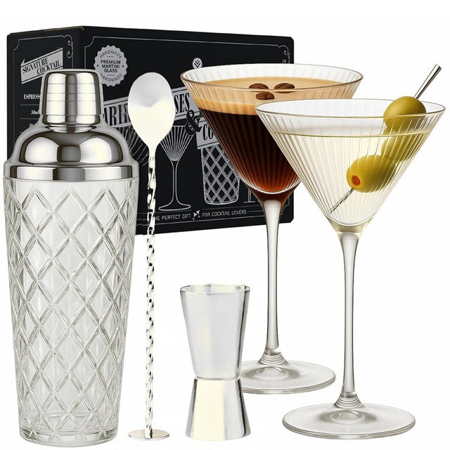 VEMACITY - Silver Luxury Home Mixology Cocktail Shaker Set with Silver Accessories + 2 Ribbed Espresso Martini Glasses - Glass Shaker with Built-In Strainer | Ideal for Christmas & New Years