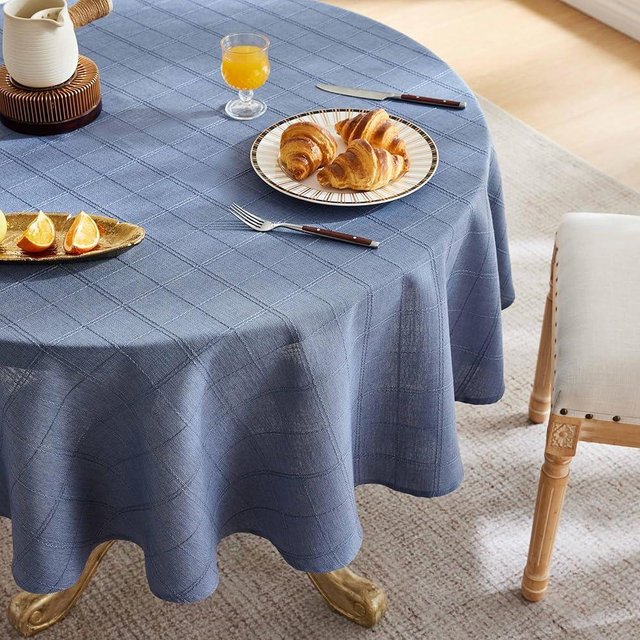 ZeeMart Linen Checked Table Cloth 52 Inches Round, Farmhouse Style Plaid Embroidered Water Resistant Table Cover, Blue