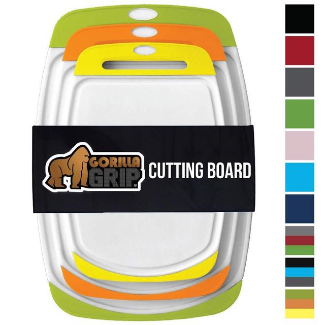 GORILLA GRIP Original Reversible Cutting Board (3-Piece), BPA Free, Dishwasher Safe, Juice Grooves, Extra Large Thick Boards, Easy Grip Handle, Non Porous, Kitchen (Set of Three: Lime, Orange, Lemon)