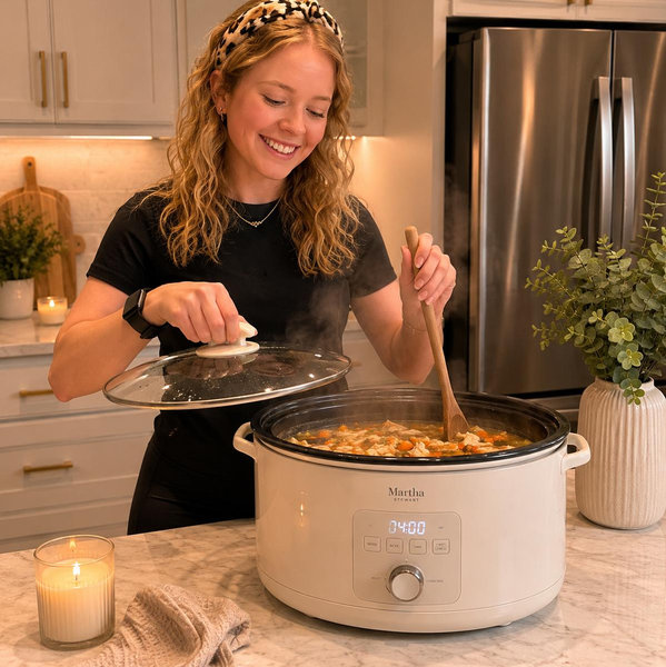 Martha Stewart 8 QT Slow Cooker, Programmable with Timer, 3 Heat Settings (Low, High, Warm), Nonstick Ceramic Removable Crock, Stovetop & Oven Safe, Glass Lid, Simmer, Reheat, Warm, Linen