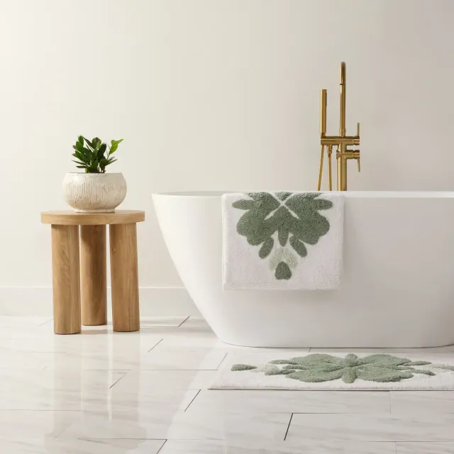 Floral and Geo Patterns Cotton Bath Mat, Tufted Bath Rug, Absorbent Non Slip Bathroom Rug, Washable - Becky Cameron, Flower Sage, 24" x 17"