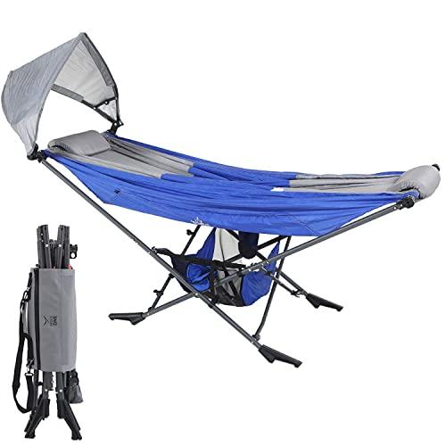 Republic of Durable Goods Mock ONE - Compact Portable Folding Hammock with Free Standing Frame Includes Carrying Wrap and Sun Shade Perfect for Outdoor, Patio, Camping, Beach, and Festivals