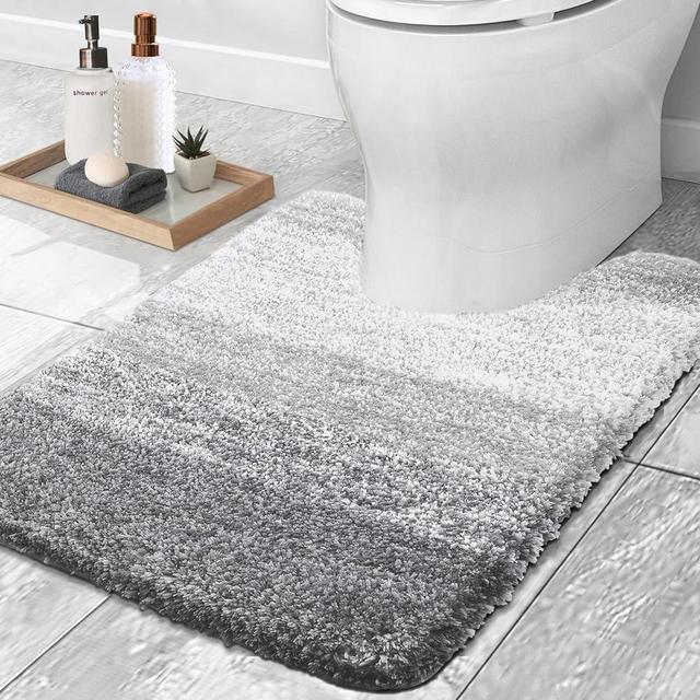 OLANLY Luxury Toilet Rugs U-Shaped 24x20, Extra Soft and Absorbent Microfiber Bathroom Rugs, Non-Slip Plush Shaggy Toilet Bath Mat, Machine Wash Dry, Contour Bath Rugs for Toilet Base, Light Grey