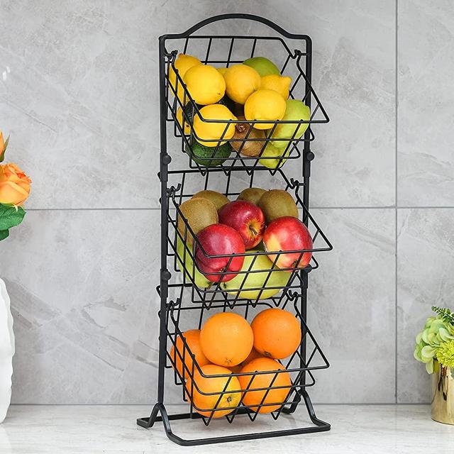 3-Tier Fruit Basket Fruit Bowl for Kitchen Counter or Floor - Fruit Holder Produce Basket for Fruits,Vegetables and Snacks -Metal Market Basket Storage Stand