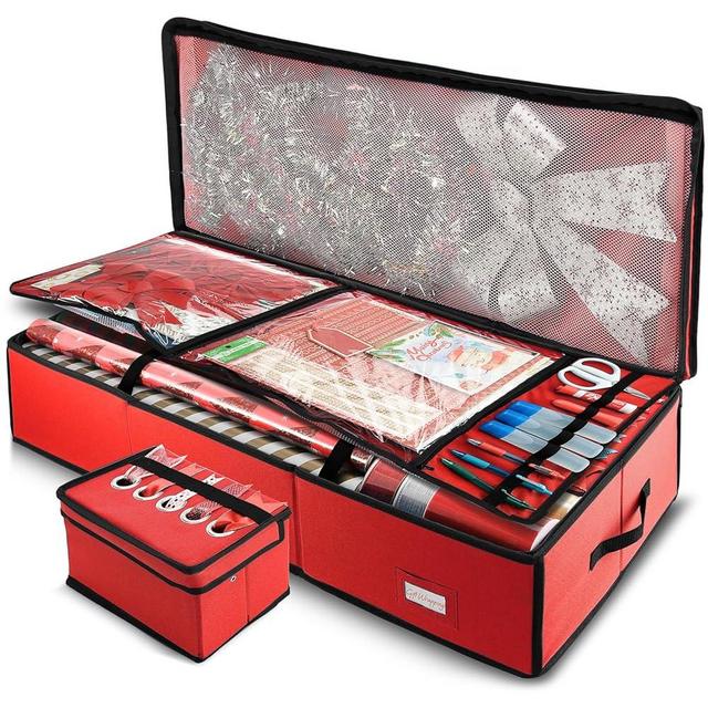 Hearth & Harbor Wrapping Paper Storage Container - Christmas Storage Bag with Ribbon Dispenser and Interior Pockets - Gift Wrap Organizer Fits Up to 26 Rolls of 40" Length, Red