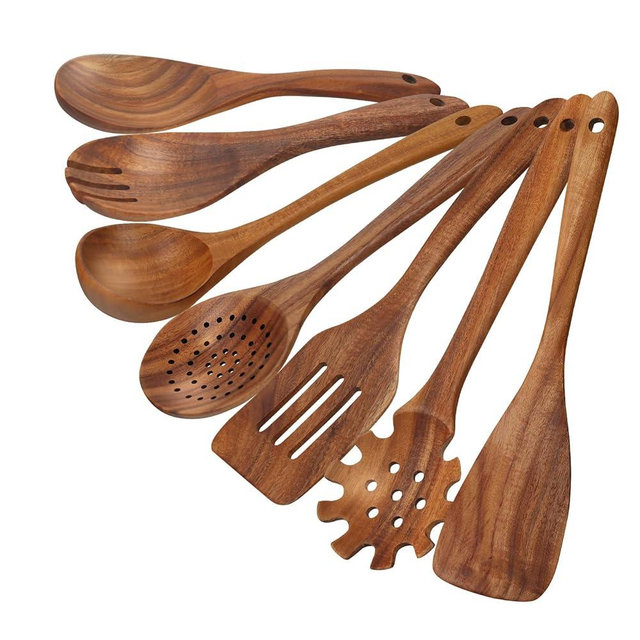 comfoyar Teak Wooden Spoons for Cooking, 7 Pieces Kitchen Cooking Utenails Set with Spatula and Ladle, Heat Resistant Kitchen Cookware for Nonstick Pan