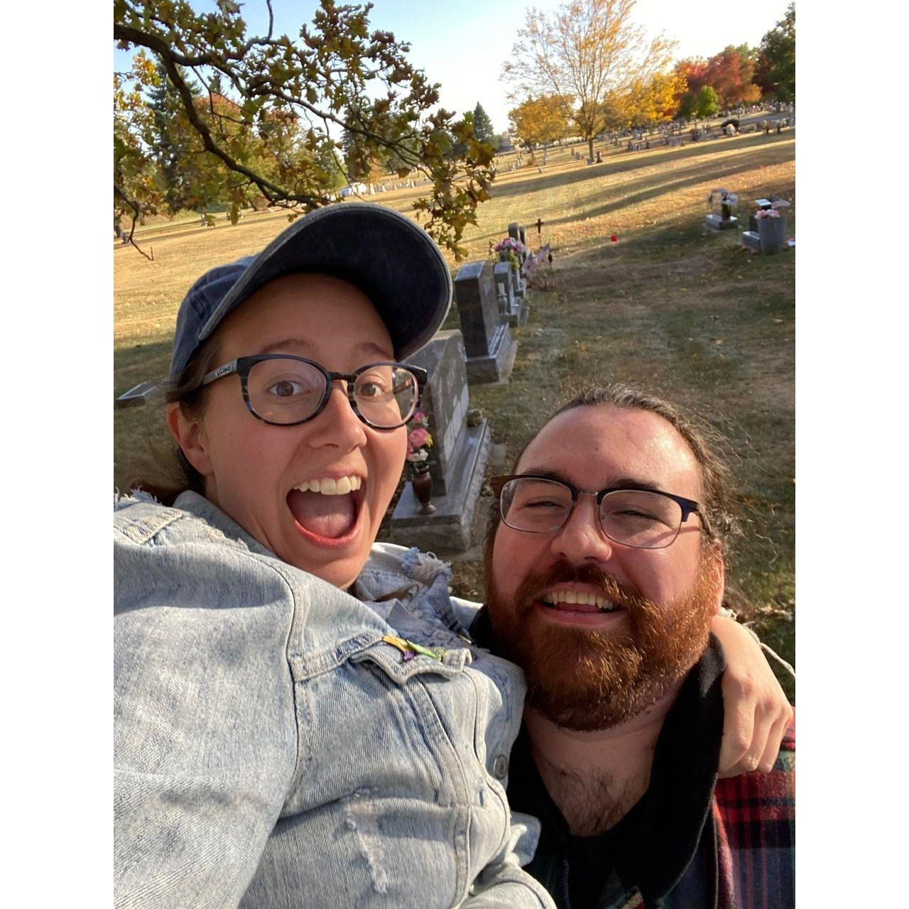 Jenn loves the cemetery. Taylor loves picking up Jenn. Win-win.